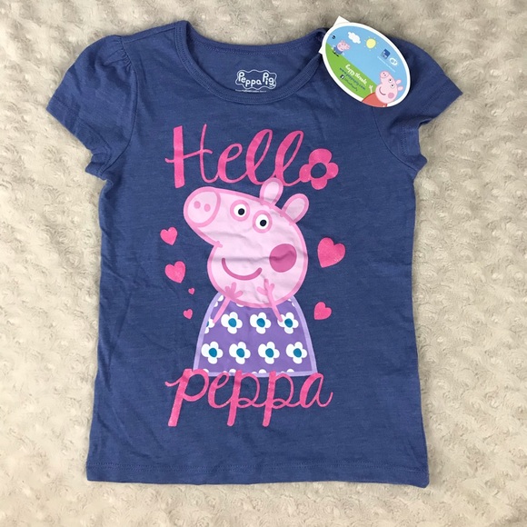 Hello Peppa Pig T Shirt Blue Pink Hearts - Picture 1 of 5